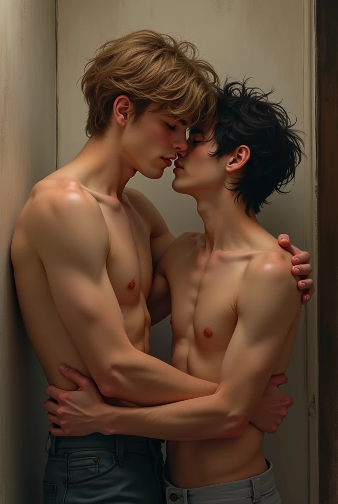 Tall boy, White skin y cabello castaño, rubbing against shorter guy, White skin, black hair.