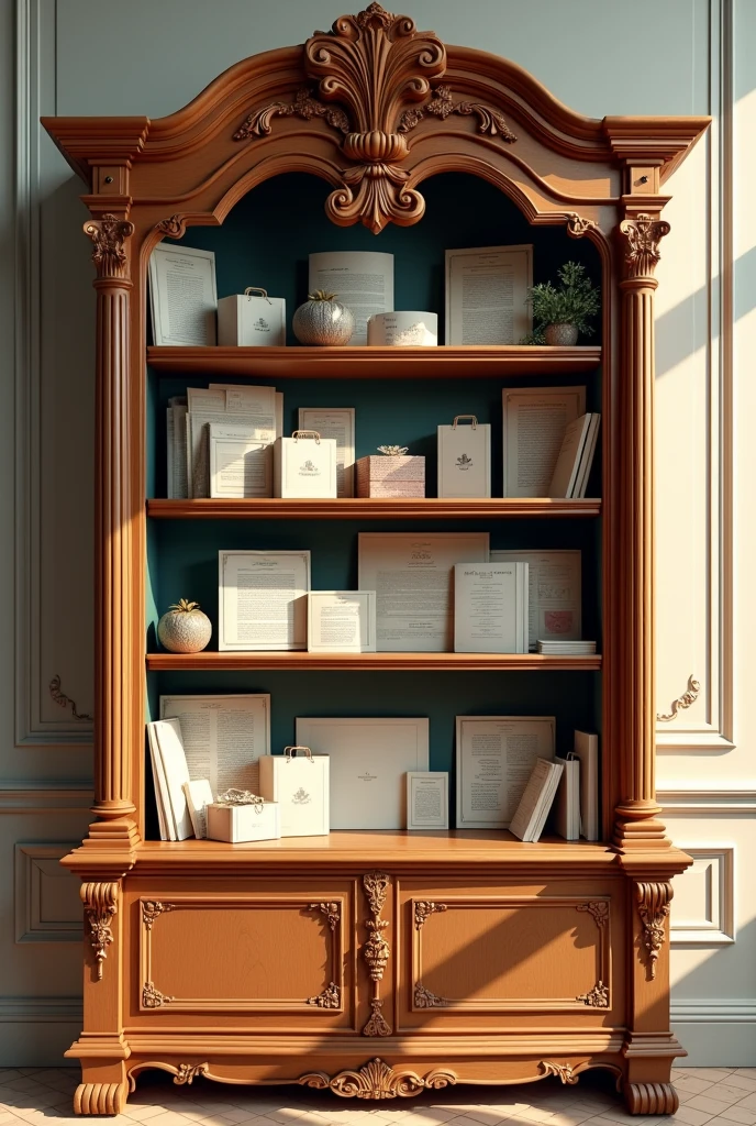 Wooden furniture. for a bookcase with a wall and high up where different types of papers are placed, there is a packing area, There are gift bags and variety, show french furniture