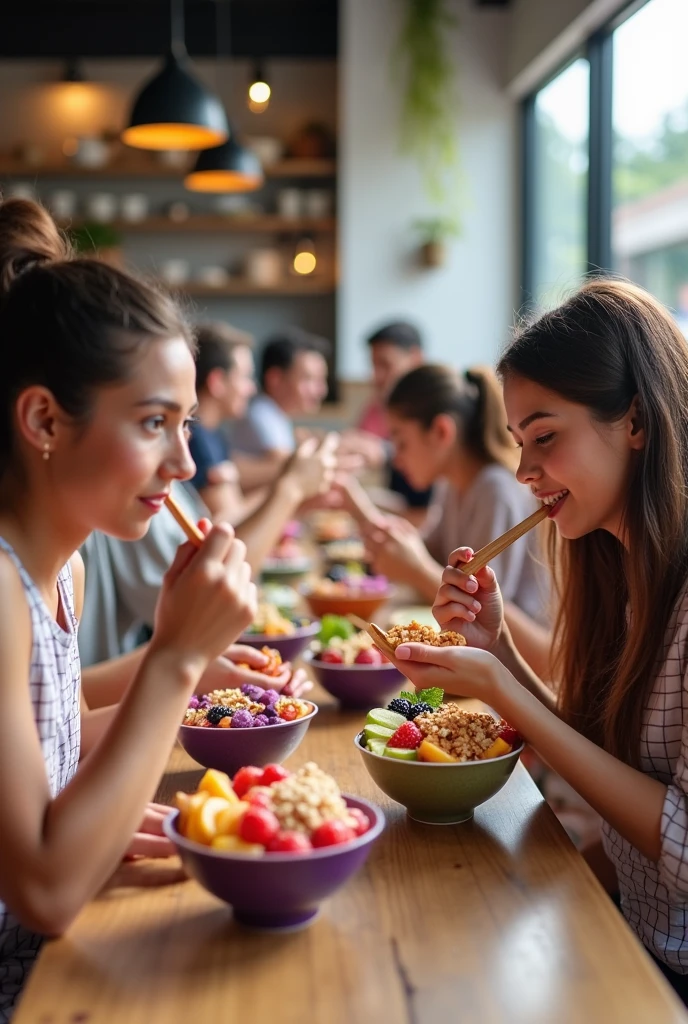customers at the acai shop ,eating acai , ultra HD, high qualiy, best qualityer, high resolution, 8k, 16k perfection in the details
