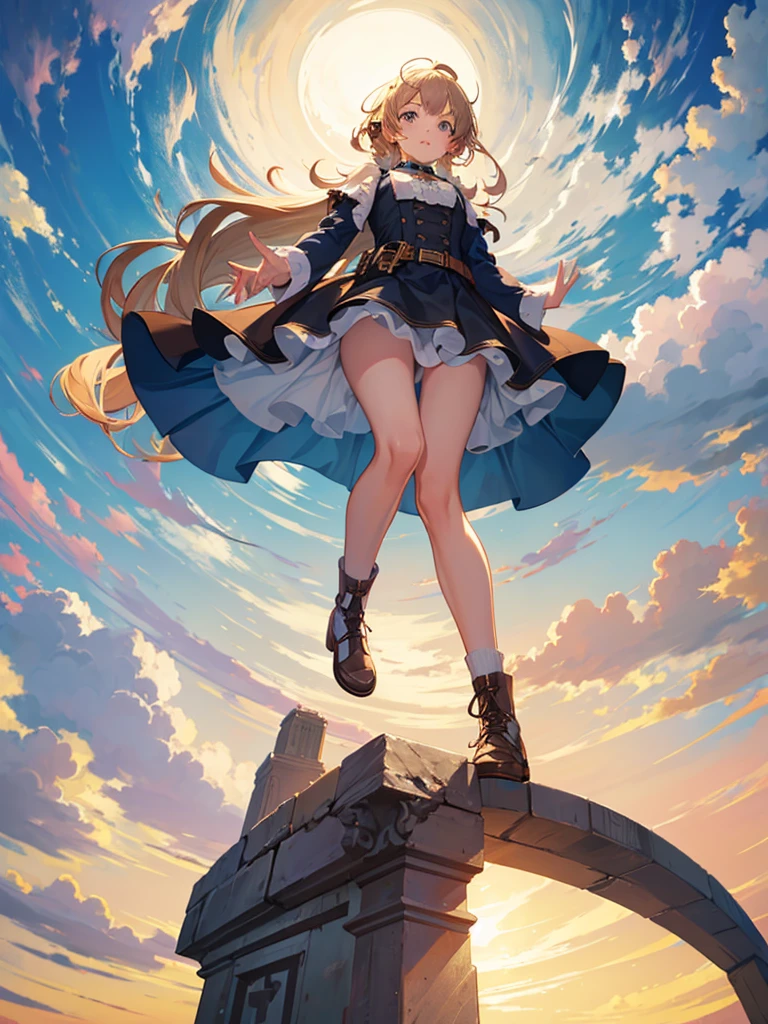 Girl pointing up with perspective looking down
