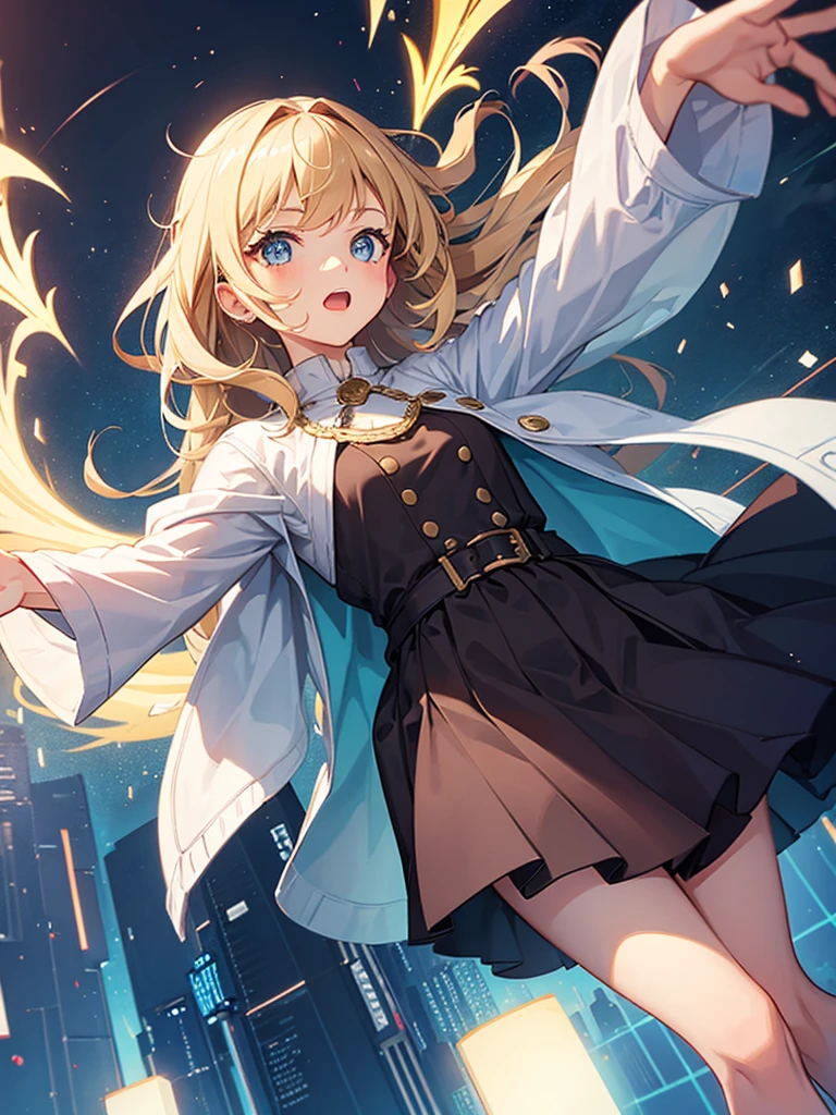 Girl pointing up with perspective looking down