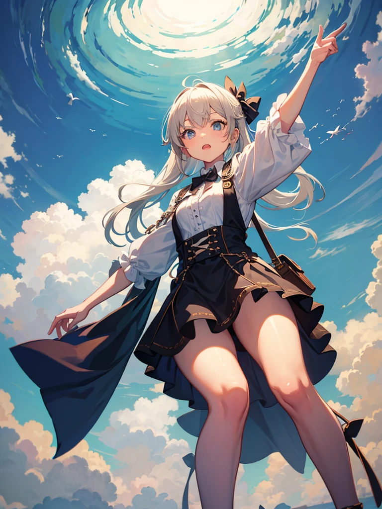 Girl pointing up with perspective looking down