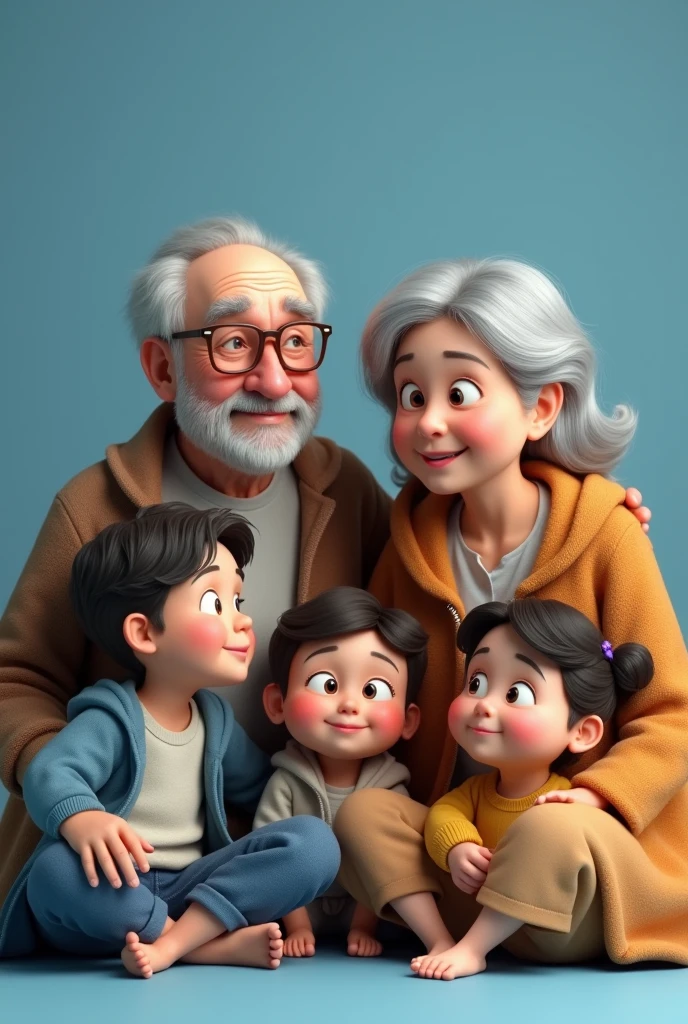 Grandfather and grandmother and grandchildren who look real not cartoon sitting on blue background
