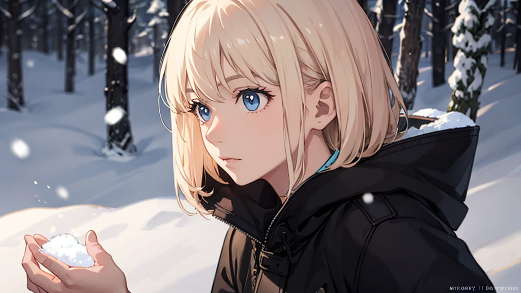 Realistic, One person, Gray Hair, blue eyes, Black Bikini, Black coat, Snow Forest, Particles of light, light, wallpaper,