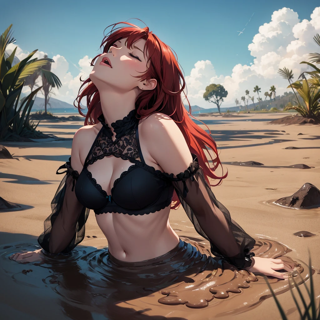 1girl, solo:1.5, masterpiece, best quality, high res, highly detailed, (illustration), beautiful detailed eyes, red hair ponytail, glossy lips, light makeup, orgasm, (looking up to the sky:1.5), (mouth open:1.2), intimate moment, black lacy bra underwear, (quicksand:1.4), (submerged up to her torso), (from side:1.4), bog, swamp, grass, trees, (eyes closed:1.3),