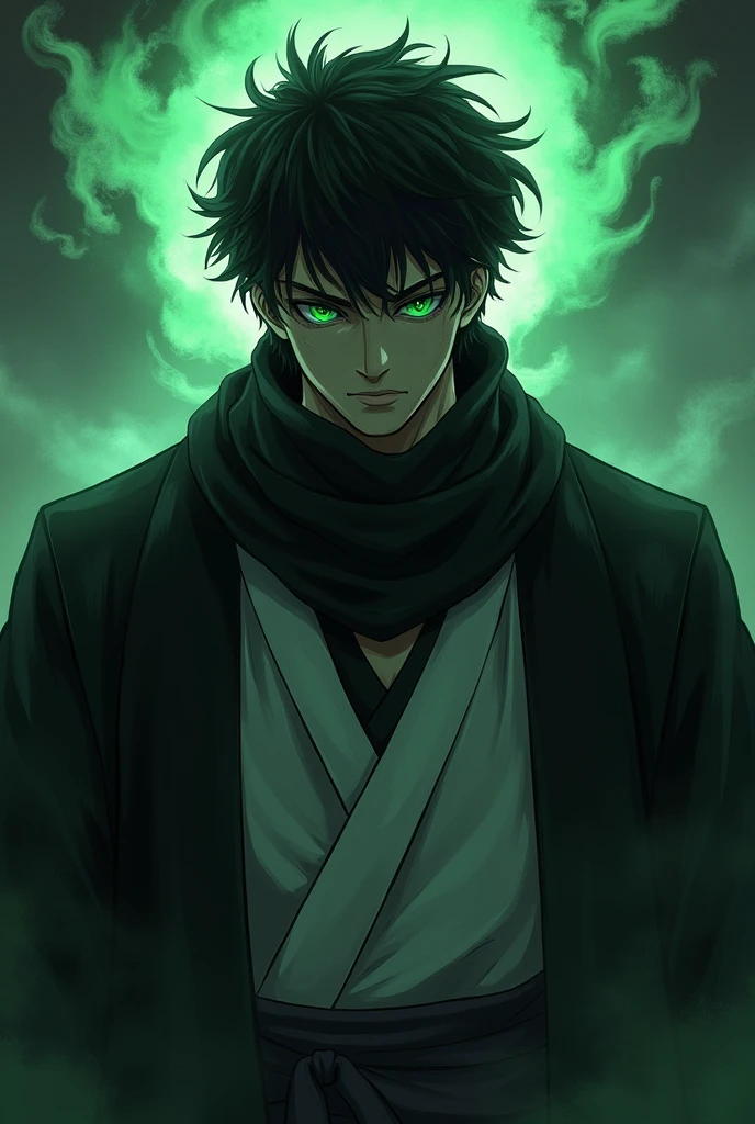 tasiho period Japanese man, dark aesthetic, moody, eerie, aura, menacing, intimidating, mature, overwhelming presence, spiritual pressure, cool guy, stern look, short curly black hair, four green eyes, black scarf, white haori, black undershirt