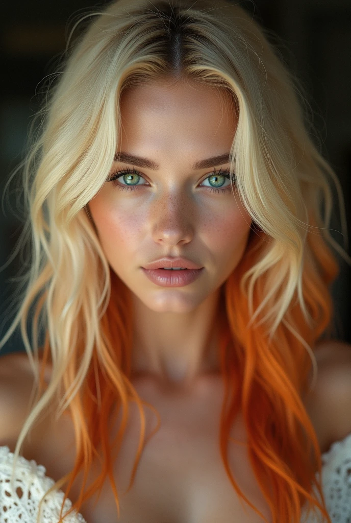 Beautiful delicate blonde woman, extremely sexy but discreet. piercing look,perfect long hair wavy straight and subtly orange at the ends like redhead. Adv9vada, decided determined , eyes with heterochromia in blue and green color