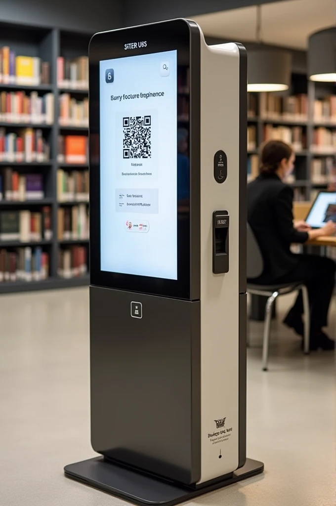 Here’s how to design a library book borrowing kiosk with QR code scanning:
1. **Design of the Library Book Borrowing Kiosk**:
- **Touchscreen Display**: For selecting and confirming book loans.
- **QR Code Scanner**: For scanning QR codes on books or membership cards.
- **Book Slot**: For returning borrowed books.
- **Book Depository**: For depositing borrowed books.
- **Help Button**: To request assistance from library staff.
2. **Usage Process**:
- The user selects the book they wish to borrow.
- The QR code on the book is scanned using the QR code scanner.
- The user reviews the information displayed on the touchscreen.
- The loan is confirmed via the touchscreen.
- The system records the loan and prints a receipt (if applicable).
This design facilitates a more streamlined and user-friendly borrowing and returning process.