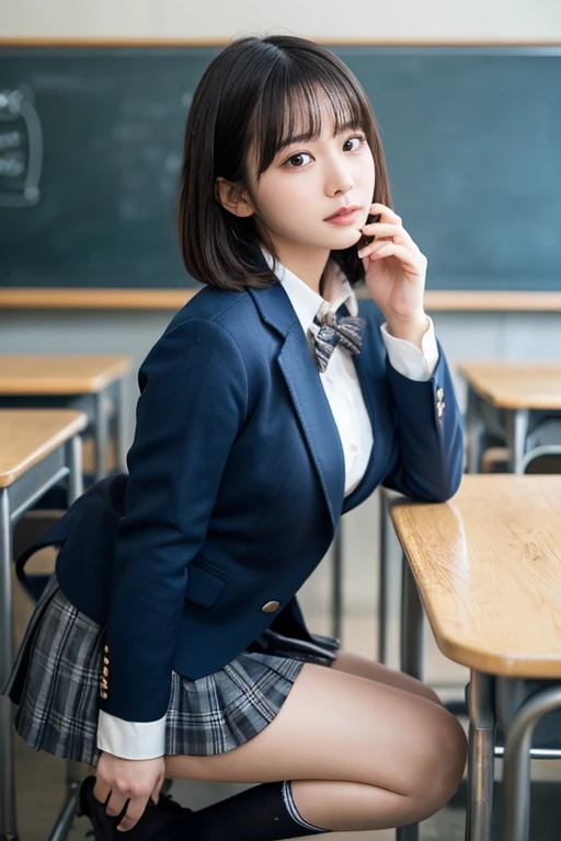 muste piece, best quality, illustration, Super detailed, fine details, High resolution, 8K,wall paper, perfect dynamic composition,(Details High quality, realistic depiction of eyes:1.3), from side, High School Classroom、High school girl uniform、blazer 、Super Short Check Uniform Skirt、Navy blue high socks、garterbelts、Colossal tits、Disturbed uniform, short bob hair, black hair color, large breasts, Big Natural Color Lip, bold sexy pose, (perfect body shape), crying a little、cold gaze, Harajuku style、20 year old girl、cute type, beautiful legs, hposing Gravure Idol, Voluptuous thighs