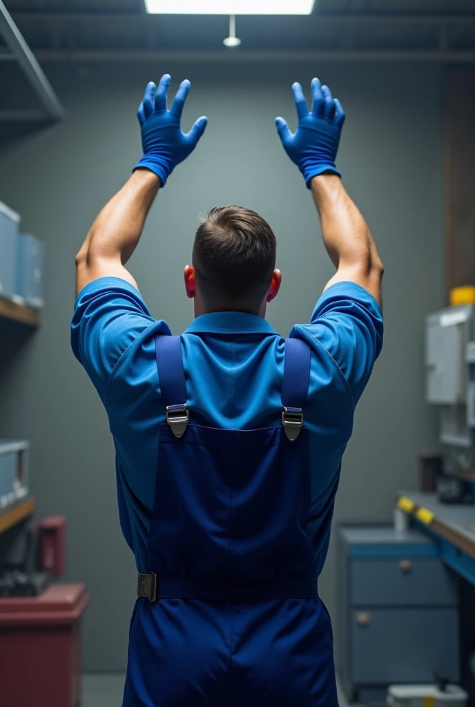 man from behind raising his arms, receiving something with his hands not so close together, wearing his blue gloves, Blue mechanic&#39;s apron, blue shirt