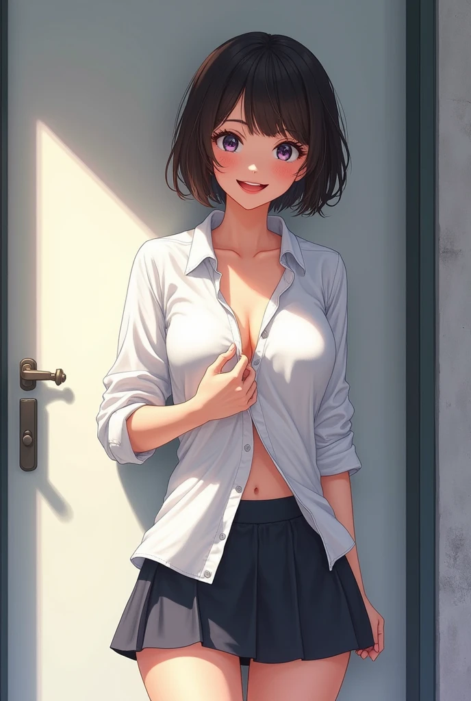 anime girl with short skirt and white shirt standing in front of a door, revealing clothes, touching her clothes, urban girl fanart, (sfw) safe for work, her belly button is exposed, digital manga art, wearing casual clothes, casual clothing, her wardrobe is attractive, manhwa, casual clothes, thicc, teasing smile, realistic manga