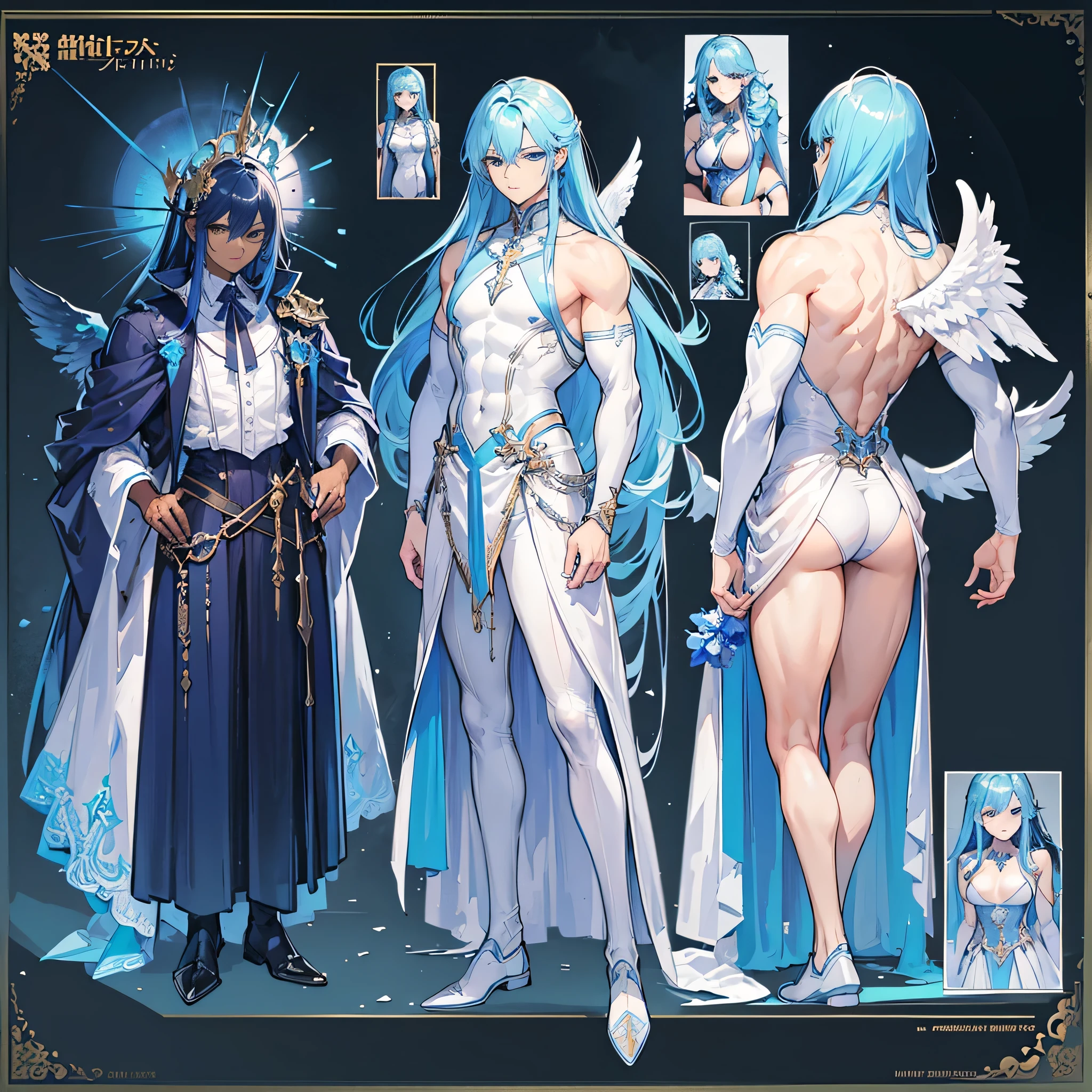 (Masterpiece, best quality), detailed, 1 man, ((character concept art)), ((character design sheet, same character, front, side, back)), full body, body complete, 1 Male angel, 1 Man angel, Detailed face, character design sheet，full bodyesbian, Highly detailed, character sheet, character design, Many parts, dark skin, angel wings, long blue hair, angel outfit, muscle male god, male clothes, masculine, muscle man, male muscle, manly, male angel, Muscle male with long blue hair，beautiful man, beautiful muscle man