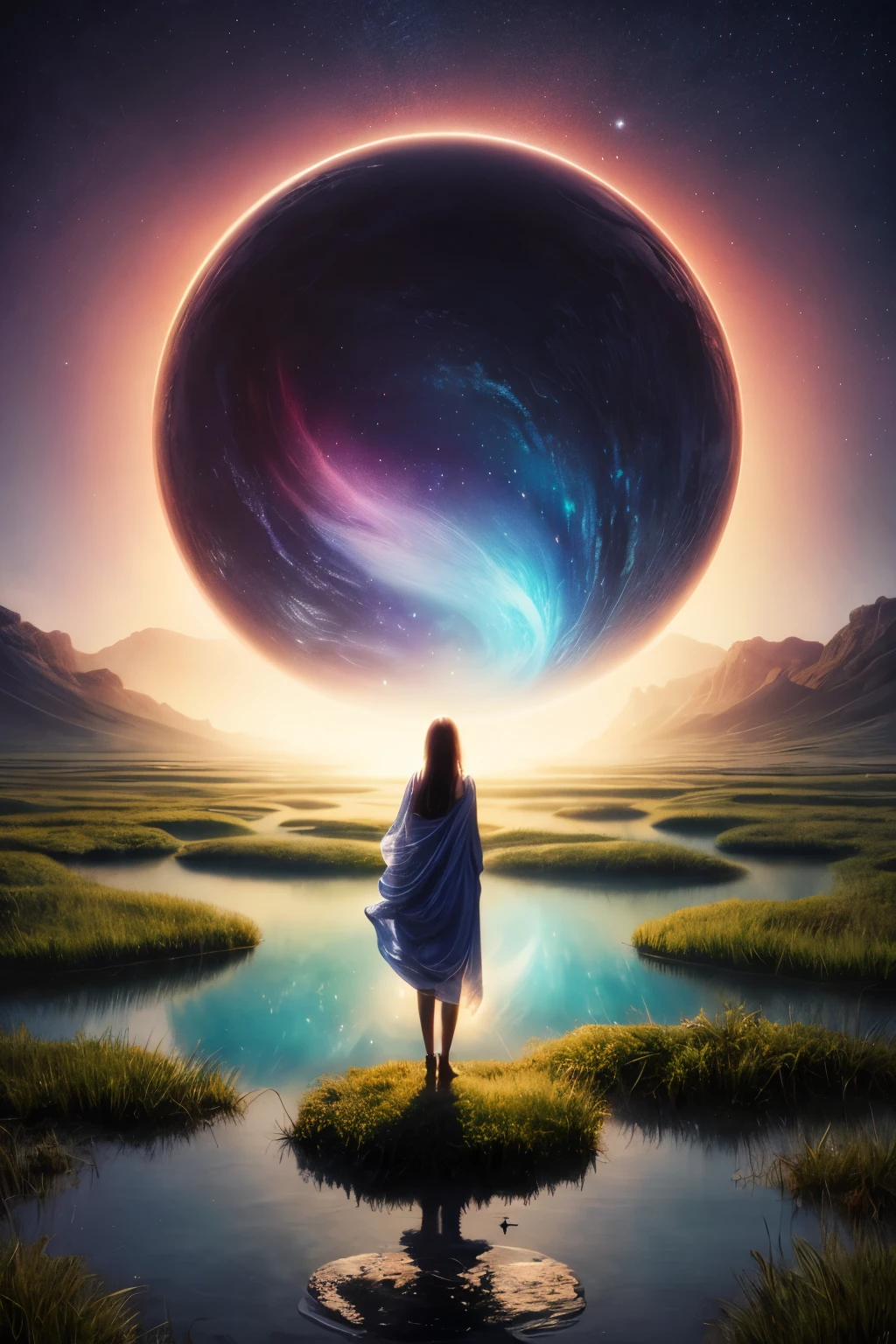 Painting: A fascinating work of art depicting a girl in silk, Standing on the edge of a mysterious pond, Surrounded by swirling magic, A distant planet casts an ethereal light on her.
