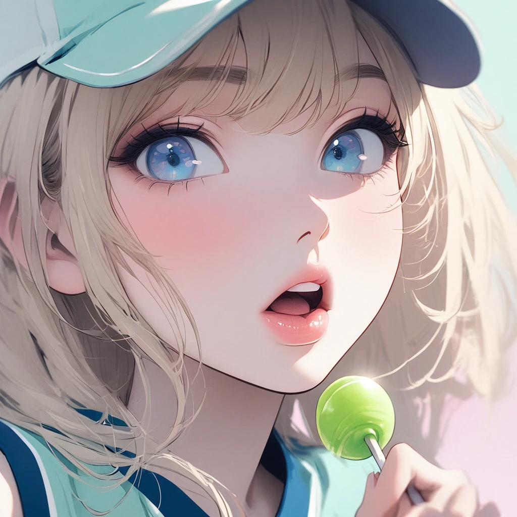 Girl, light blonde hair, blue eyes, beautiful, cheerleader uniform, pastel colors, face close-up, flat, sucking a green lollipop, lipgloss, brat, holding lollipop, lips, sexy, ethereal, wide mouth, attractive, 