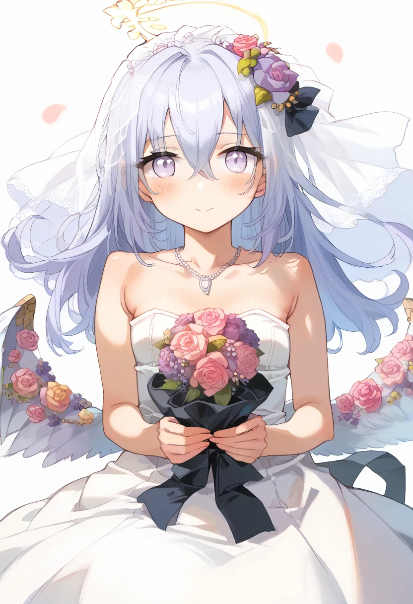 azusa \(blue archive\),AddXL, 1girl alternate_costume angel_wings bare_shoulders blush bouquet breasts bridal_veil bride cleavage closed_mouth collarbone dress feathered_wings flower hair_between_eyes halo holding holding_bouquet jewelry long_hair looking_at_viewer small_breasts necklace out_of_frame pink_flower pink_rose pov pov_hands purple_eyes rose solo_focus strapless strapless_dress veil very_long_hair wedding_dress white_dress white_flower white_hair white_rose white_wings wings smile