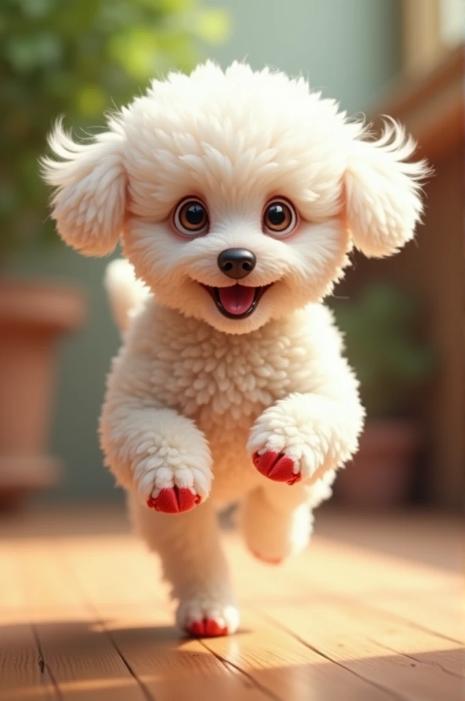 Cute little smiling white toy poodle puppy。The eyes are light brown、The jumping parts are red。