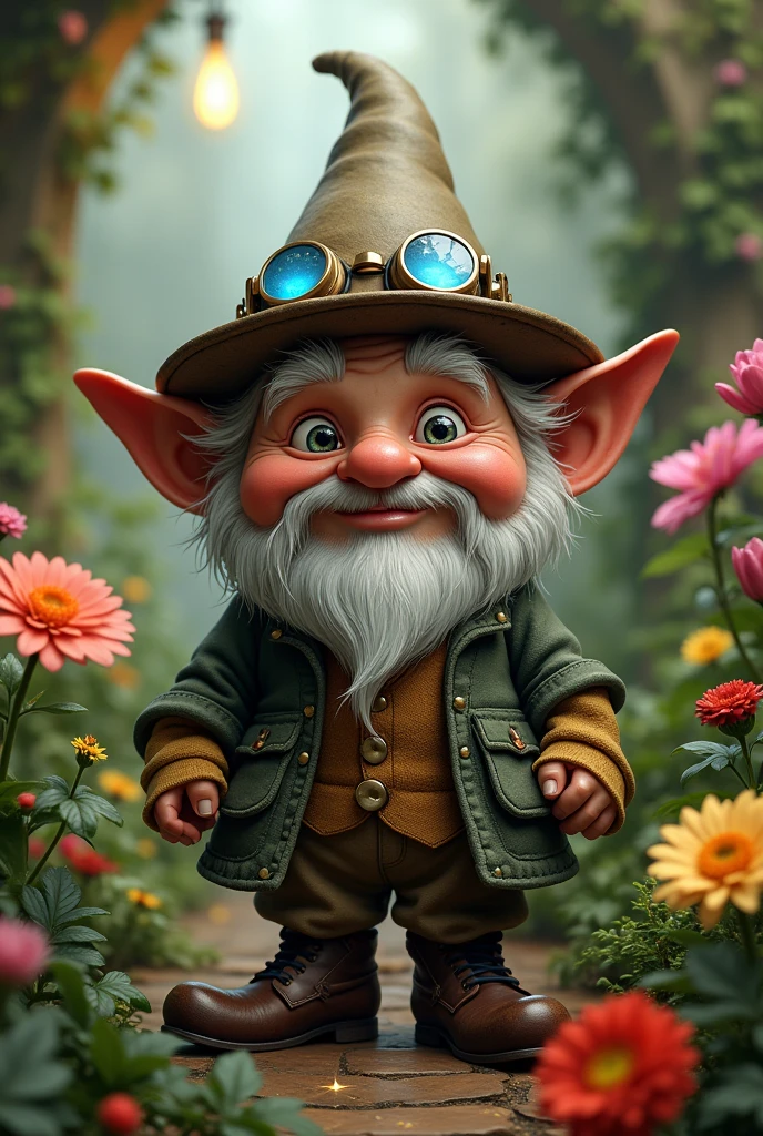 hyper realistic face, arafed gnome with a hat and goggles in a garden, portrait of a gnome called eldon, gnome illusionist, gnome, gnome druid, fantasy art smug smile man, darrell k sweet, an alchemist gnome, inspired by Ron English, adorable digital painting, todd schorr highly detailed, digital art, dwarf scientist of 1 9 century, gnomon, masterpiece, UHD, 18K