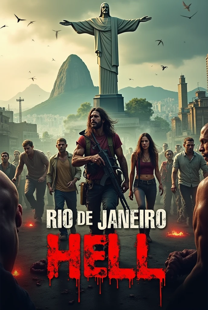 Make a game cover with the name Rio de Janeiro Hell and with Christ the Redeemer destroyed in the background and several zombies 