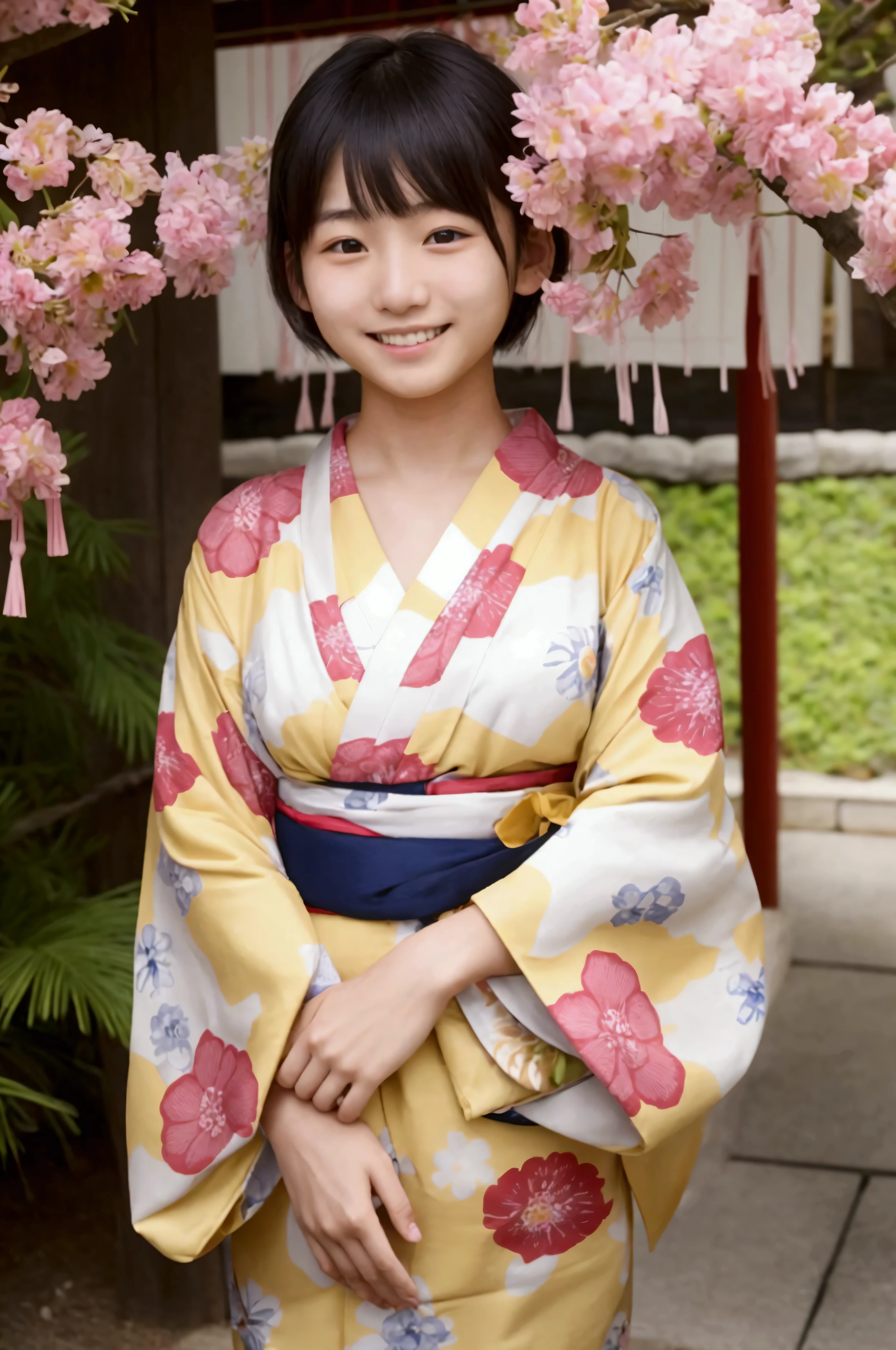 ((Highest quality)), ((masterpiece)), (detailed),Japanese,,Girl,(Childless face),smile,Japanese Festivals、Pale yellow yukata,Bob Hair,Embarrassed,Small breasts,Small areola