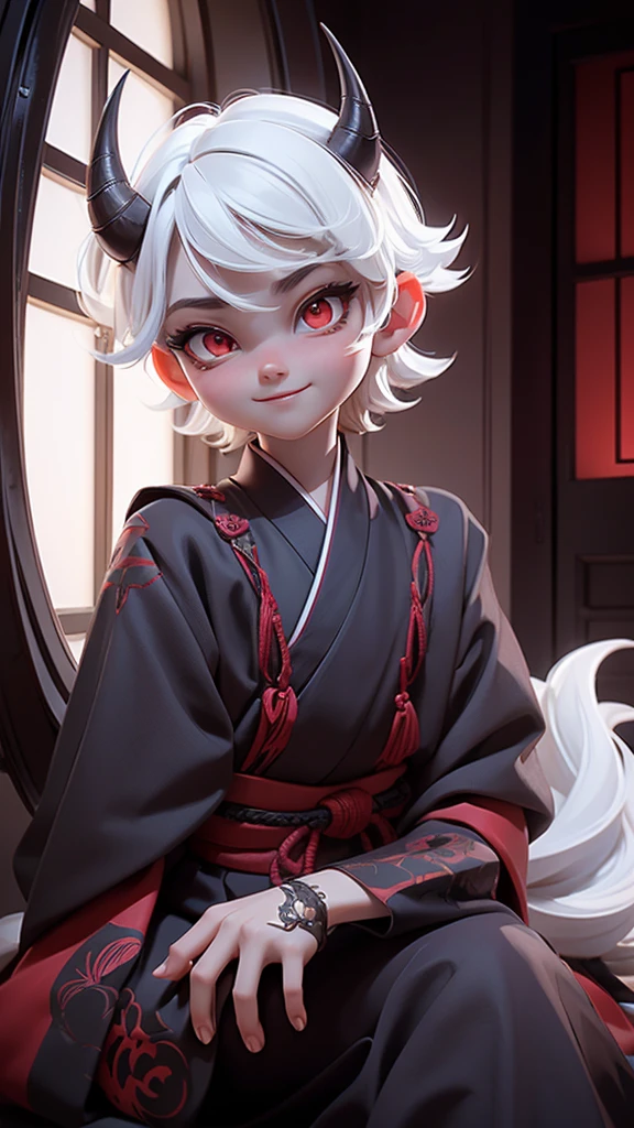 YOUNG BOY, (extremely detailed CG unity 8k wallpaper,masterpiece),(best illumination, best shadow, an extremely delicate and beautiful),(1boy) dark hair,red and black sci-fi bodysuit,neck seal, dynamic pose, Young man sitting in front of a round Japanese-style window, Japanese temple, demon, oni, horns, kimono, long eyelashes, tousled white hair, red eyes, demon tail, detailed eyes, detailed hair, detailed face, night, moon, dancing shadow, sharp-toothed smile, moonlight, dark, scary.