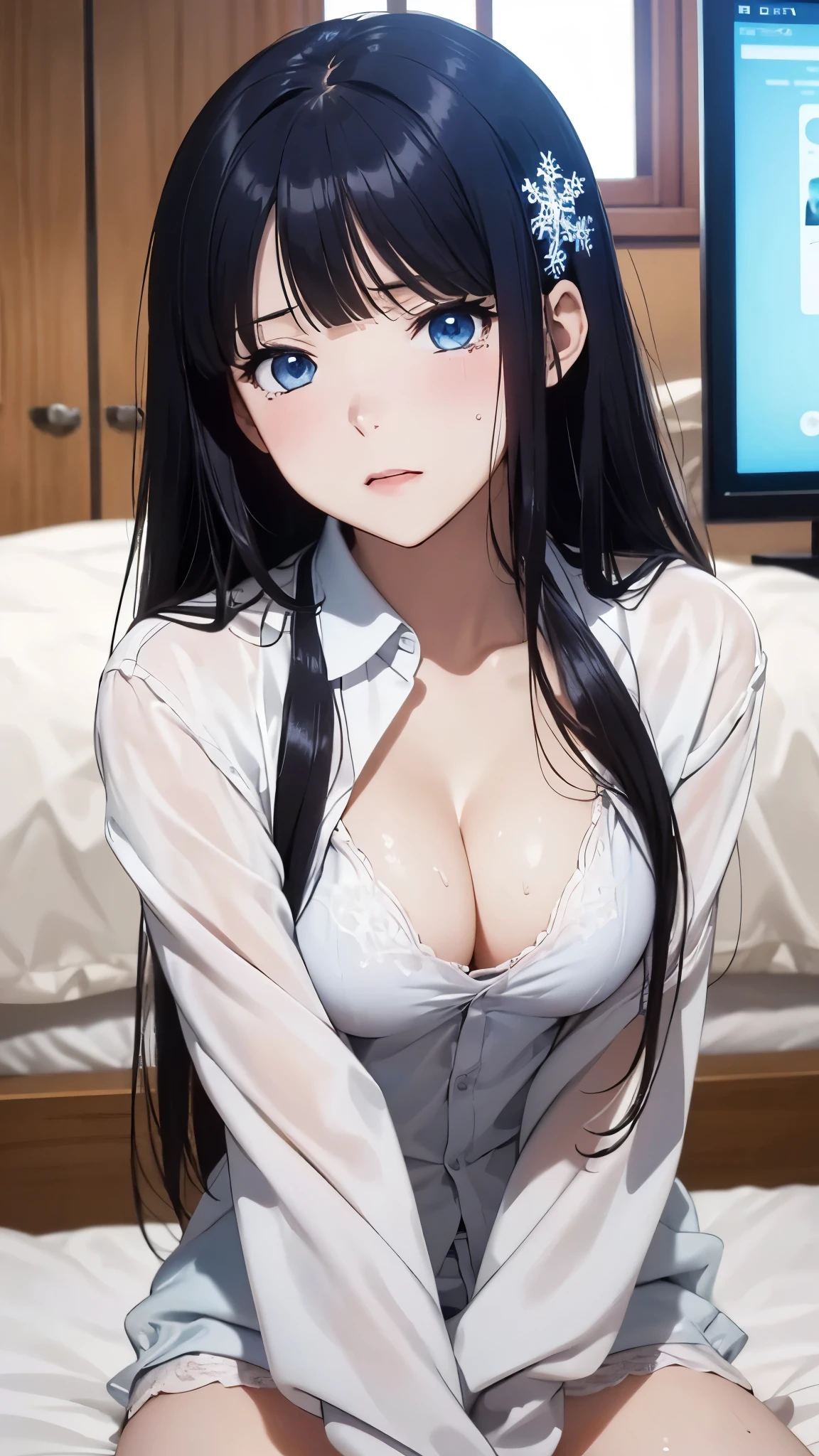 1 personの, alone, masterpiece, Highest quality, The Irregular at Magic High School, Miyuki Shiba, Shiba Miyuki, iris, blue eyes, tsurime, eyelash, Black Hair, Long Hair, Hime cut, Straight hair, Blunt bangs, blunt end, Side Lock, hair ornaments, snowflake hair ornaments,High School Uniform, dress, white dress, collared dress, Jacket, green Jacket, cropped Jacket, open Jacket, Long sleeve, Large Breasts, (masterpiece: 1.3), (Maximum resolution: 1.2), (Ultra HD TV: 1.2), Cinematic Light, 8k resolution, Detailed facial features , (Sharp focus: 1.2）, (Focus on the face:1.2),Perfect Style, Beautiful Face, Acura, Anatomically correct, Highly detailed face and skin texture, Beautiful Eyes,Beautiful Eyes, Thin eyebrows, Natural Cheeks, Glowing Skin, Fair skin: 1.2, (Glossy Lips: 1.4),、 (Embarrassed look: 1.2),Highly detailed face and skin texture, Natural Cheeks, , Glossy Lips: 1.4,Perfect Style、Cleavage、Soft Breasts、（Semen on chest:1.6）（Cum on thighs 1.5）、 Sperm on tongue、Drenched in sweat、Wet clothes、blush、A humiliating look、Anxious expression、Frightened expression、Embarrassed look、Glare、anger、sorrow、tears、（Open your knees:1.5）、（Open your crotch to show your panties:1.8）、 White underwear、Disheveled clothes、sweating、Thin underwear、18-year-old、 clear, A clean-cut woman,1 person、 Upward-facing chest, Black Hair、blue eyes、Beautiful Eyes、Torn clothing、（masturbation behavior:2.0）、At the bed、（On my back、At the bedLying down、Lying down、White sheets:1.7）、avert your eyes、Straight Long Hair