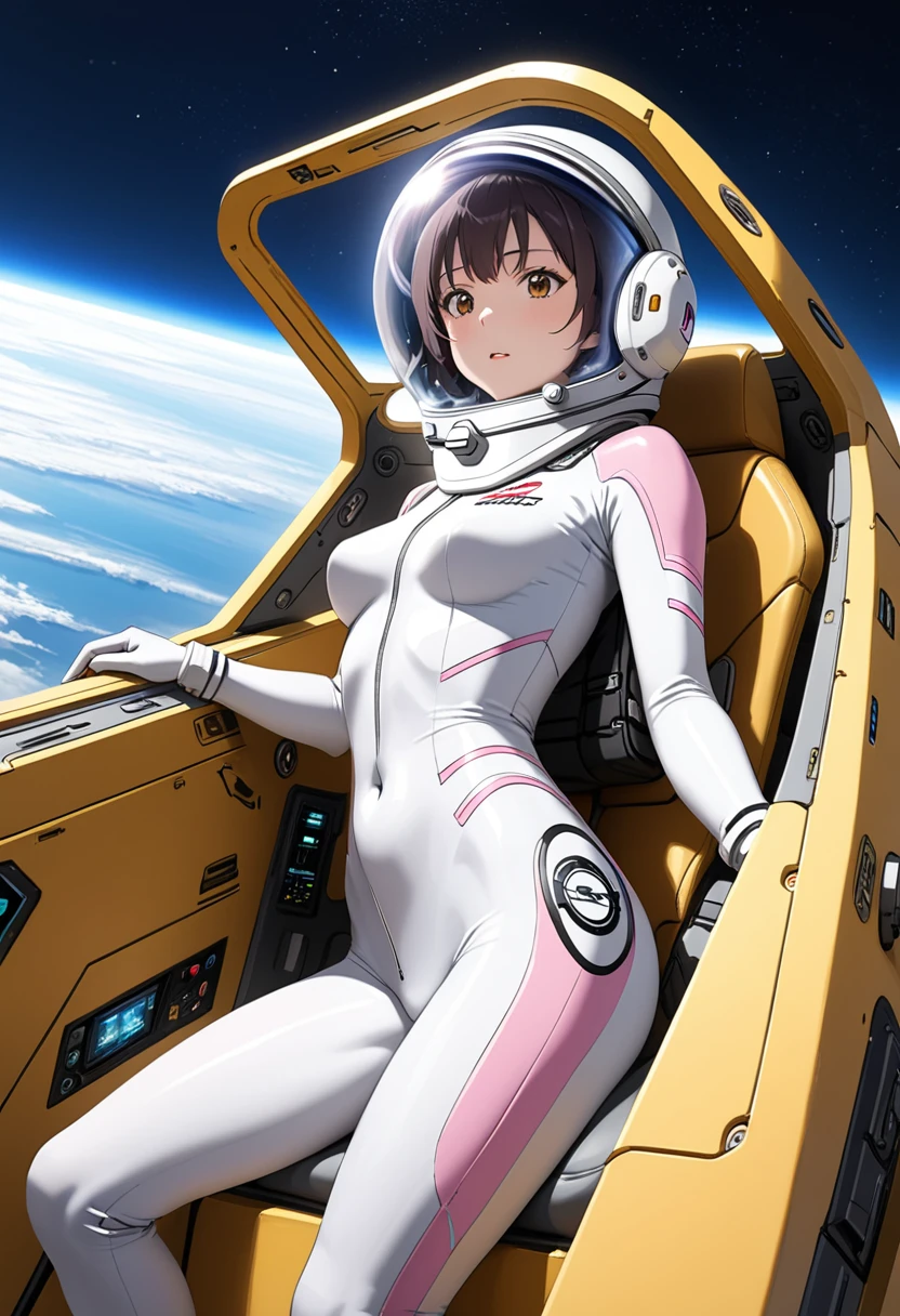 (Spacesuit:1.15), White Cargo Pants, Space Helmet , , indoor, masterpiece, Highest quality, 1人of, alone, short hair, , , , , Bodysuits,Backpack, From below, baburuherumetto, short hair, internal (cockpit) of (Spaceship:1.6), , blush,Sit on a chair, Covered navel, short hair, Stingy, From below,slim,Small breasts