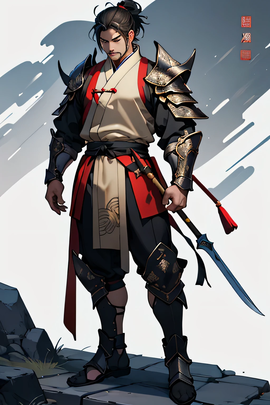There was a man wearing Chinese clothing and holding a halberd. ,Characters in the Three Kingdoms, ancient soldier, Wearing Chinese iron armor, , Chinese warrior character design,Use Chinese halberd weapons, lu bu ,Novel Image ,Yellow tones,Yes, it's a Chinese general's hat.,Has a long beard and mustache,Middle-aged man,