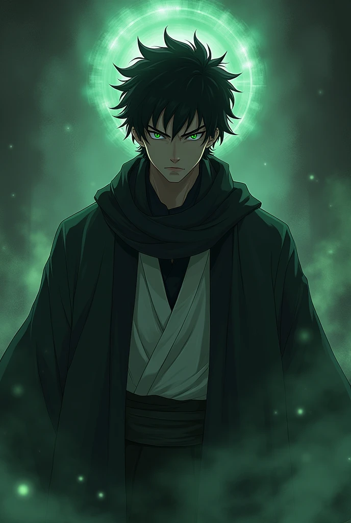 tasiho period Japanese man, dark aesthetic, moody, eerie, aura, menacing, intimidating, mature, overwhelming presence, spiritual pressure, cool guy, stern look, short curly black hair,  four green eyes, black scarf, white haori, black undershirt