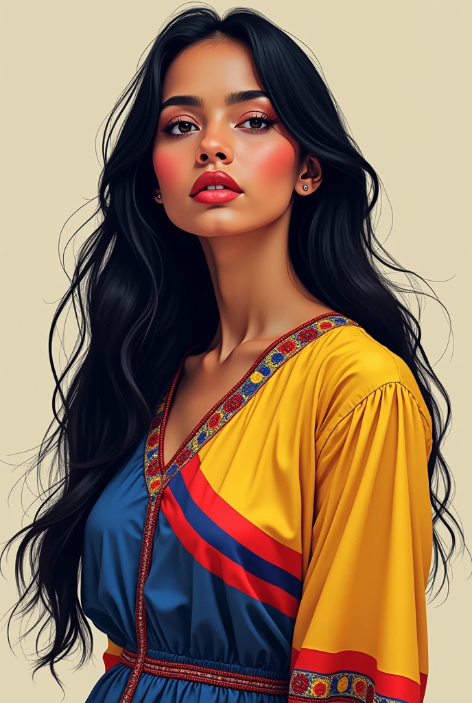 a colombian woman dressed in blue red yellow color of the flag