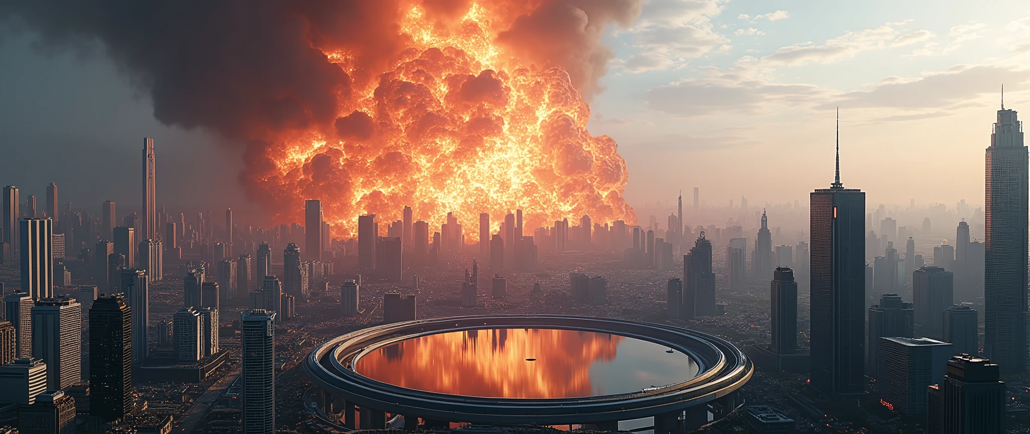((RAW photo), (masterpiece, best quality), (A modern, futuristic city, monorail, glass skyscrapers, central round lake), being destroyed by a huge meteorite, ((impact photo in progress, a few meters before touching the ground)), (hyperrealism, cinematic lighting), (((Cinematic shots: long general shot)))