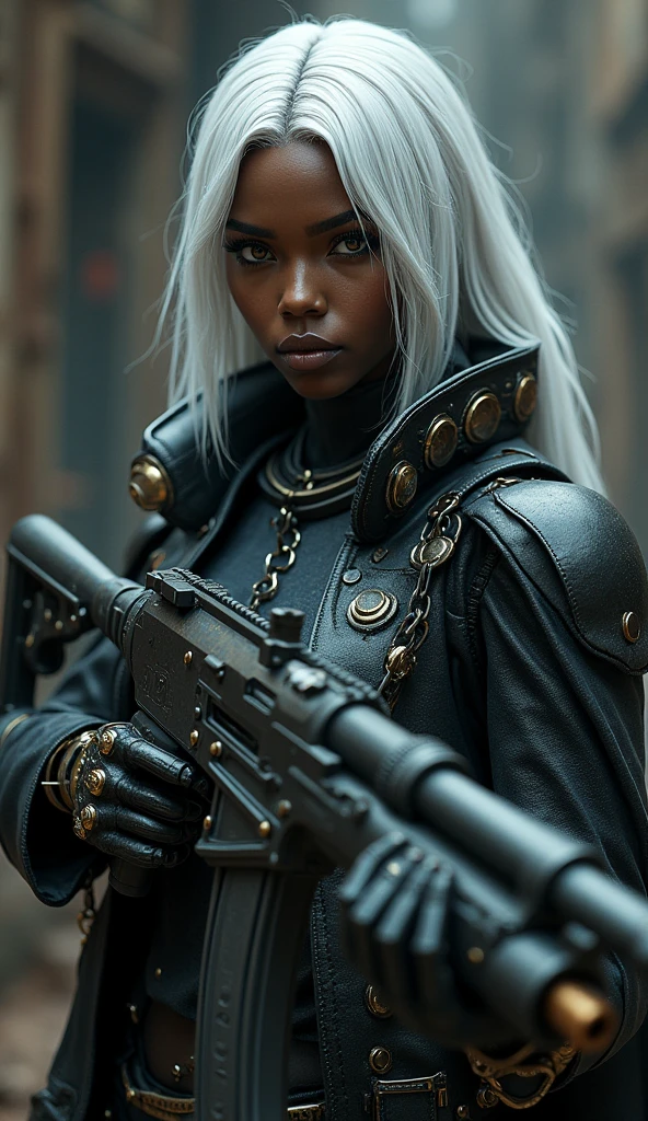 Very detailed Ultra Fantasy Ultimate Details Ultra-high resolution 8K 32k 3D Clear Eyes Silver髪 Gatling Gun mechanical engineering Mechanic Art cyborg black,(dark ebony skin:1.4), Money, Silver Don't hold your gun steampunk have a grenade , (85mm F/1.4), high quality, (RAW photo, best quality), (realistic, photorealistic: 1.4), (extremely delicate and beautiful: 1.4), amazing, fine details, masterpiece, ultra detailed, high resolution, best illustration, best shadow, intricate, ( extremely intricate: 1.2), (exquisitely detailed skin), cinematic light, perfect anatomy, (cool color: 1.4), sharp focus, 8k UHD, DSLR, (Fujifilm XT3), (iluminación cinematográfica :1.4), (estilo cyberpunk), (dark ebony skin:1.4)