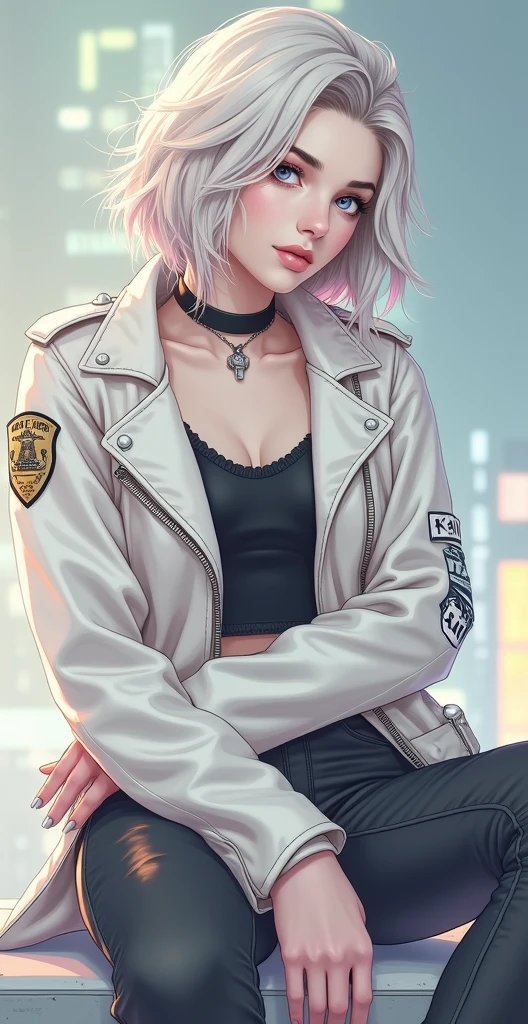 Portrait of natlp as a beautiful female model, georgia fowler, beautiful face, with short dark brown hair, in cyberpunk city at night. She is wearing a leather jacket, black jeans, dramatic lighting, (police badge:1.2)