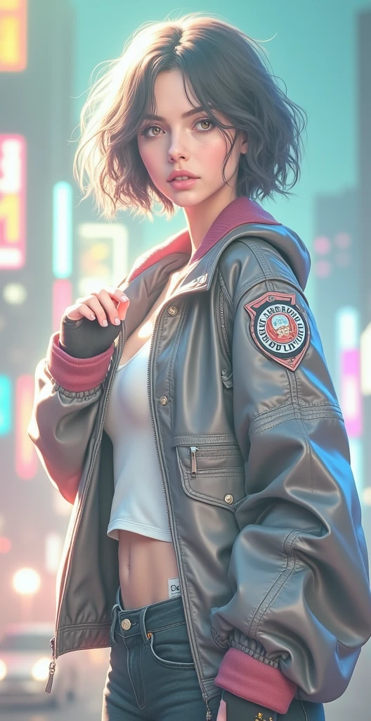 Portrait of natlp as a beautiful female model, georgia fowler, beautiful face, with short dark brown hair, in cyberpunk city at night. She is wearing a leather jacket, black jeans, dramatic lighting, (police badge:1.2)