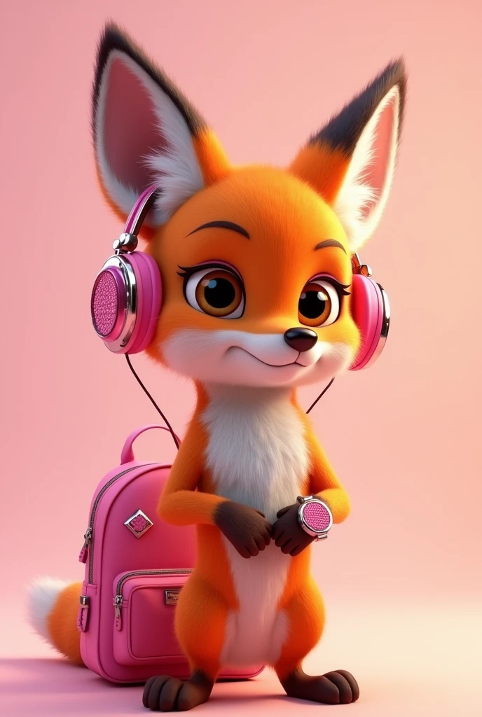 Create a 3D Disney Pixar style fox named Chic Fox. She must exude a modern personality, elegant and captivating, perfect for a section dedicated to accessories and fashion.

colors: Vibrant orange and white tones with pink accents and accessories to keep in line with the other mascots.

Accessories:

Headphone Type Earphone: A pair of modern headphones with pink ear pads and frames, casually positioned on the fox&#39;s shoulders. Design may include metallic finishes or subtle patterns, and the headphones can be slightly hanging to give a relaxed feel.
Modern Backpack: A stylish backpack in pink, with lighter pink or metallic details. May have elements such as shiny zippers, patches ou estampas fashion.
smartwatch: A modern smartwatch with a pink strap, visible on the fox&#39;s wrist, adding a touch of sophistication to the look.
vestimentas: A basic pink shirt, Woman&#39;s style, that complements the look in an elegant and modern way.

Expressions: confident grin, with an expression that conveys style and sophistication.

Activities and Poses:

Headphones over the Shoulders: The fox has the headphones casually resting on his shoulders, giving a sense of relaxed style. She might be adjusting her headphones or just showing them off..
Modelando a Mochila e smartwatch: Showing off the trendy backpack and smartwatch along with the pink shirt, showing how accessories combine harmoniously.
Style Tips: Pointing to a board with tips on how to choose and use accessories, how to combine headphones, backpacks and smartwatches for a modern and stylish look.
Interactivity on the Website:

Hover animations: Animated movements like adjusting the headphones over the shoulders, show the smartwatch in operation or interact with the backpack.
Fashion Messages: Friendly messages with tips on accessories, fashion trends and how to complement your look with style.