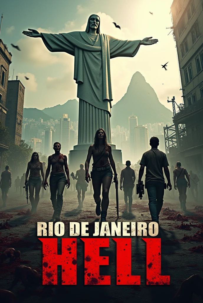 Make a game cover with the name Rio de Janeiro Hell and with Christ the Redeemer destroyed in the background and several zombies 