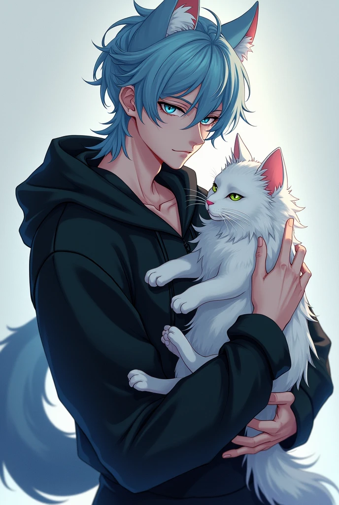 Một chàng trai tuấn tú, light blue hair masculine mulet hairstyle ,blue-green eyes with slightly black pupils, black hoodie outfit, holding a long-haired white cat, The boy with the wolf tail and ears is gorgeous.,