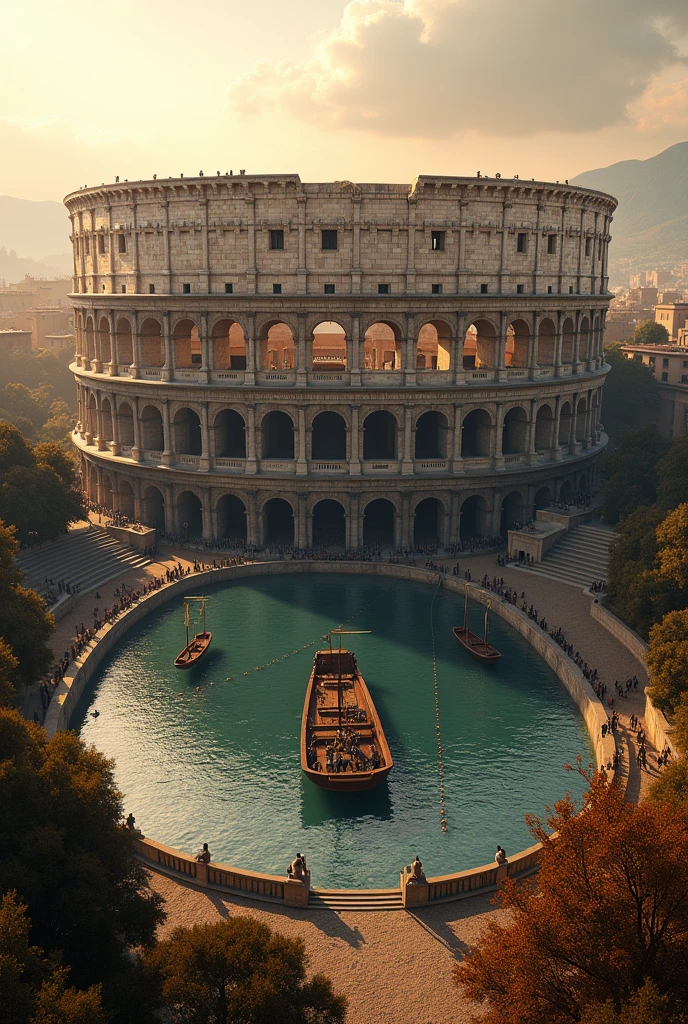 Create an image of the Colosseum in its glory in Ancient Rome, from a top angle showing it from the front, showing it completely, with its complete stands, its arena flooded with water and triremes