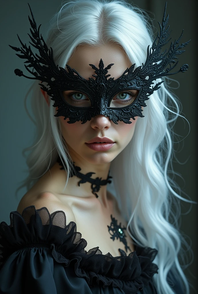 a close up of a woman wearing a mask, dreamy gothic girl, elegant render, half body photo, mistress, photoshop render, ebony rococo, elegant girl, female spy, haunting beautiful young woman, detailed face, extravagant dress, beauty girl, very femenine, silver White hair