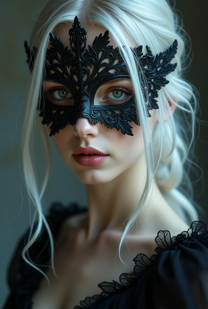 a close up of a woman wearing a mask, dreamy gothic girl, elegant render, half body photo, mistress, photoshop render, ebony rococo, elegant girl, female spy, haunting beautiful young woman, detailed face, extravagant dress, beauty girl, very femenine, silver White hair