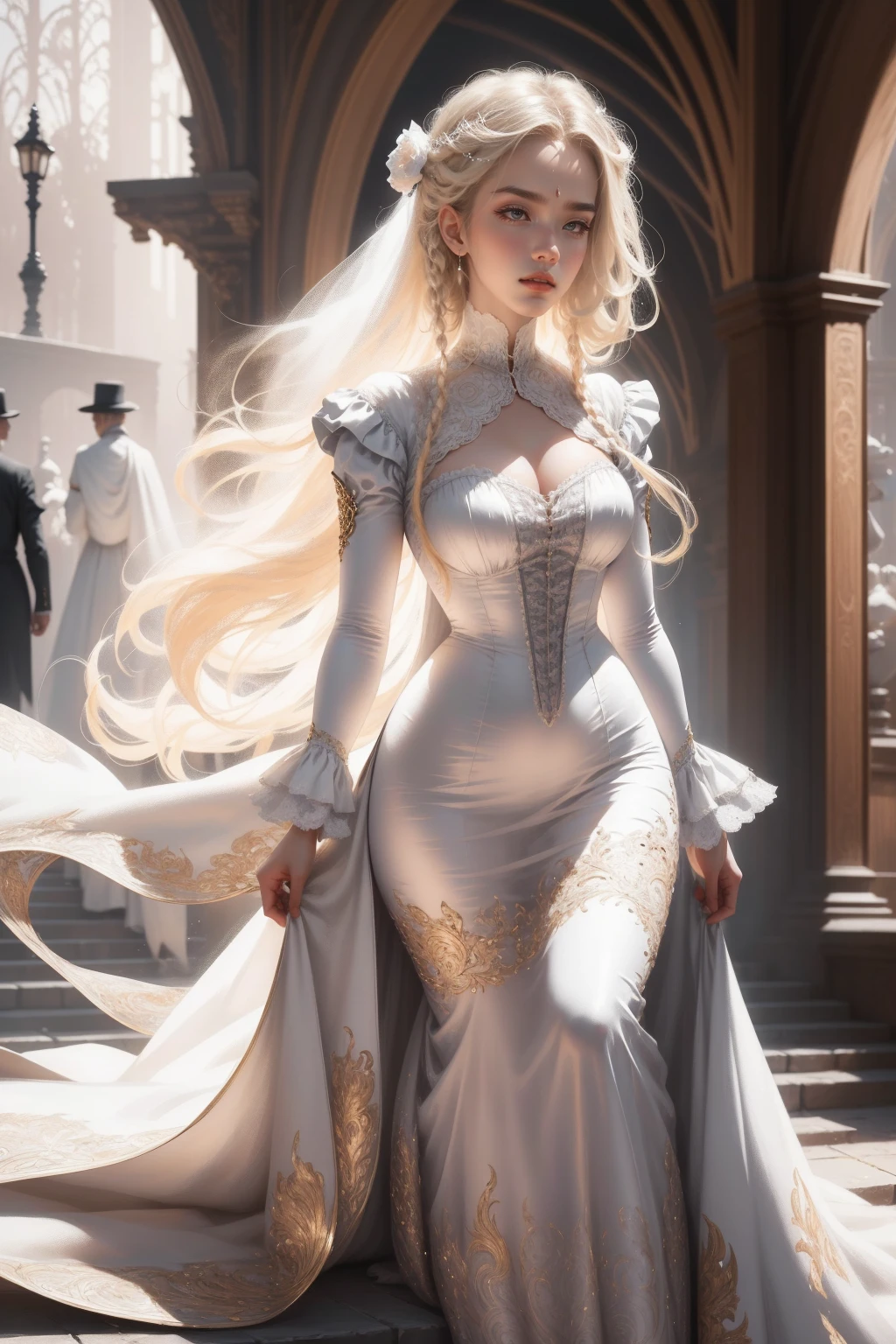 (Masterpiece - Ultra-detailed, very high resolution) Prepare to be enchanted by a true masterpiece that combines ultra-detailed art with high-resolution rendering. This work depicts a mesmerizing woman with very long blond hair (1.3) and captivating gray eyes (1.2), emanating an aura of elegance and mystery in Victorian settings. The intricate details and realistic textures invite you to explore every aspect of this enchanting composition. Woman wearing beautiful classic Victorian costume from the year 1878. Red lips. Happy face. Smiling. white (white) dress. Walking, backwads, looking back, upper body, dynamic poses. Get ready to dive into a world where beauty and craftsmanship merge perfectly.