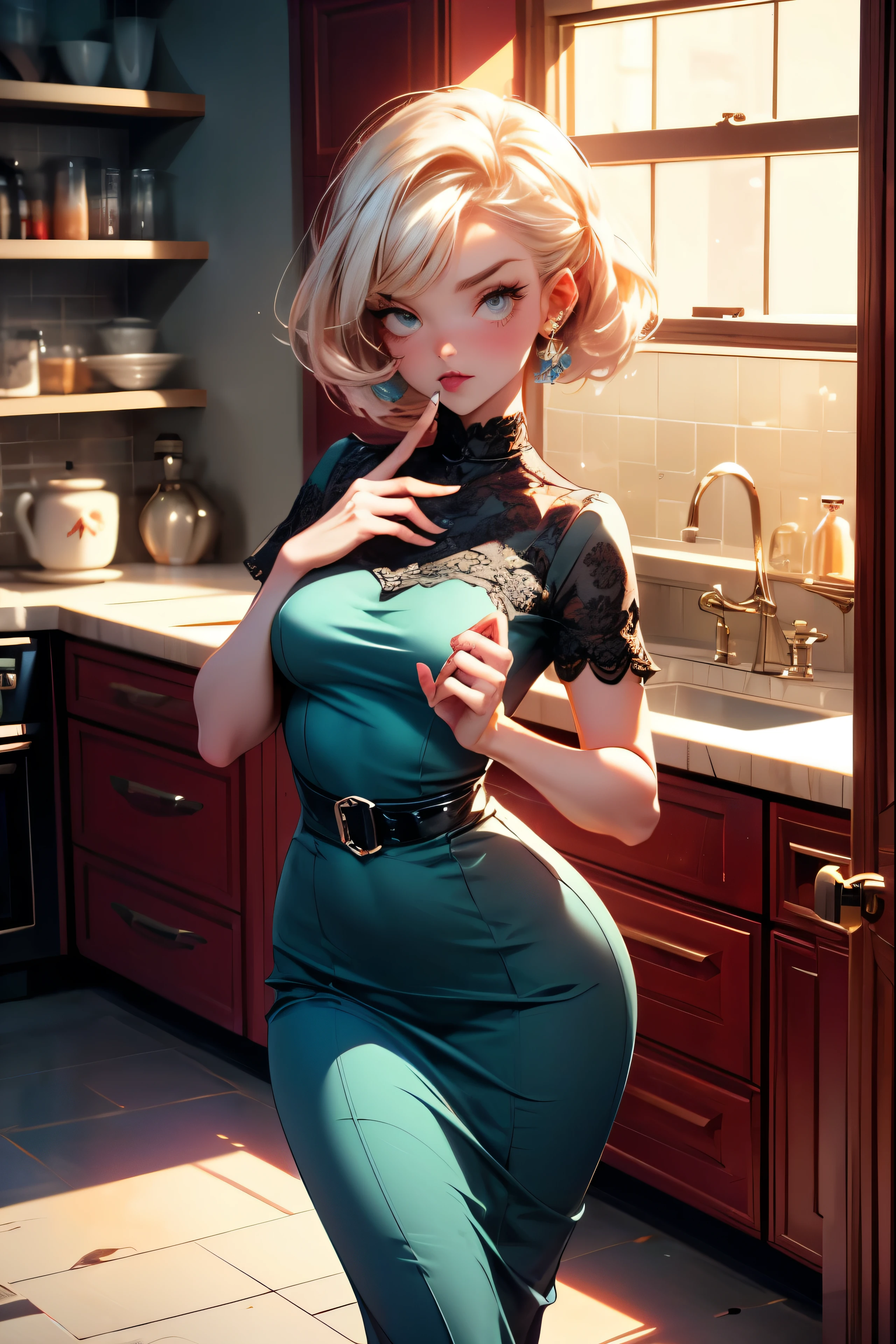 (best quality)), ((masterpiece)), (detailed), (high quality), ultra high res, highres, 8k, 4k, UHD, NSFW, hentai, 1girl, 1950s, (trad wife, 1950s housewife, 50s hairstyle, short hair, mature adult woman, detailed eyes, symmetrical eyes, stunning tall beauty, rosy skin, slender figure, very long body, long legs, blue dress with white polka dots, medium breasts, small waist, wide hips, high heels, bent over counter, seductive look, longing look, aroused, biting finger, erotic pose), tiled kitchen, cinematic lighting, immersive atmosphere, vibrant colors,