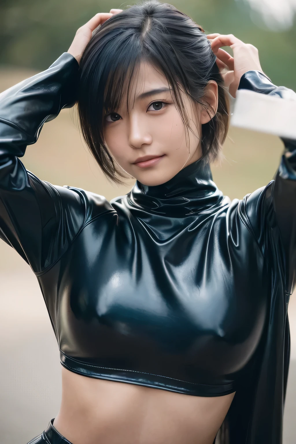 Hair blowing in the wind、Wet Skin、Wet Hair、Wet clothes、coastal,A cute girl with a face like a Japanese idol, Short Hair, Skinny body、athlete、(Cinema Lighting),(Natural light),(High level of artistry),(artistic),(Indistinguishable quality from the real thing),{{RAW Photos}},{{Genuine}},High resolution,masterpiece, beautiful, Handsome Tomboy, Looks like a salon model, Cool face,  nsfw,、Smiling faintly、Puzzled、shame、sleepy、(Spoiled:1.4), Cowboy Shot、Bold and sexy model pose、A tight turtleneck crop top with a bold design、Latex material、