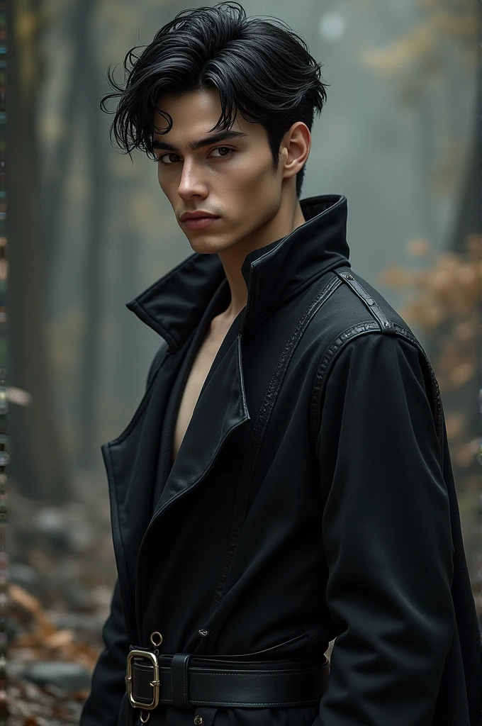young man with a prominent appearance. He has black hair and dark eyes., which contributes to its attractive and enigmatic appearance. His presence is imposing, and his physique reflects both his strength and his ability to face challenging situations..