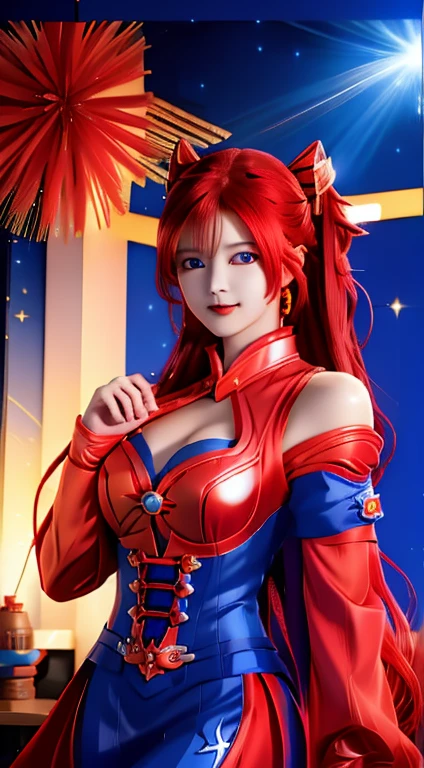 Blue nine-tailed dragon girl, (Bright Red Hair), ((Big Hair)), double eyelid, Perfect figure, Nice face, Perfect Skin, black eye, spirit princess, The Age of Red、are shining on the distant planet Spica.、Red and white beams of light、A beautiful comet flies by、