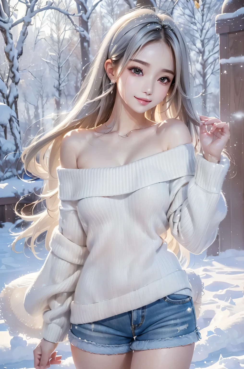 ((masterpiece:1.5、8k、Portraiture、Photorealistic and very detailed CG、Very detailed、Particle Effects、Dynamic Effects、Shallow depth of field、Cinematic Light、Lens flare、Ray Tracing、Tabletop、Realistic:1.4、Ultra-high resolution:1.2、Realistic、Realistic))((alone、 off shoulder knit sweater、Shorts、Elegant woman posing、Detailed face、brightexpression、young, bright, Whiter skin、Ample breasts、Best Looks、Ultimate beauty、Shiny silver hair with highlights、bright and shiny hair,、Super long, Silky straight hair、Hair dancing in the wind))(morning、The setting is outdoors in the snow、Surrounded by illuminations). from side:1.5