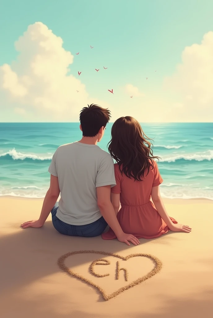 couple (man and woman) of young people in love sitting on the seashore, view from behind, serene sky, in the sand a heart drawn with initial letters marked in the sand "E" and "H" in the middle of the heart