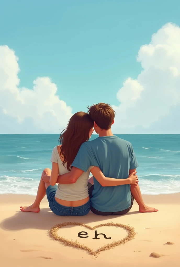 couple (man and woman) of young people in love sitting on the seashore, view from behind, serene sky, in the sand a heart drawn with initial letters marked in the sand "E" and "H" in the middle of the heart