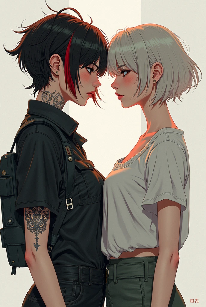 Two girls, one with short masculine hair and red streak in the fringe with tattoo and black masculine clothes, and another with short hair down to her chin, with delicate pink clothes and fringes.