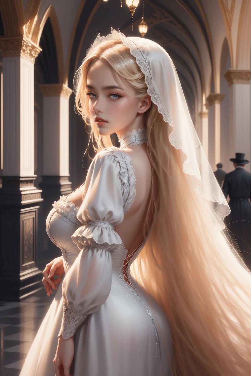 { - anatomy error}(Masterpiece - Ultra-detailed, very high resolution) Prepare to be enchanted by a true masterpiece that combines ultra-detailed art with high-resolution rendering. This work depicts a mesmerizing woman with very long blond hair (1.3) and captivating gray eyes (1.2), emanating an aura of elegance and mystery in Victorian settings. The intricate details and realistic textures invite you to explore every aspect of this enchanting composition. Woman wearing beautiful classic Victorian costume from the year 1878. Red lips. Happy face. Smiling. white (white) dress. backwards, looking back, dynamic poses. Get ready to dive into a world where beauty and craftsmanship merge perfectly.