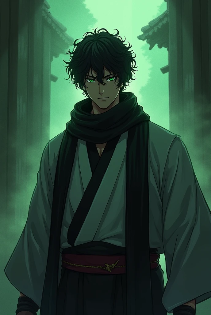 tasiho period Japanese man, dark aesthetic, moody, eerie, aura, menacing, intimidating, mature, overwhelming presence, spiritual pressure, cool guy, stern look, short curly black hair, four green eyes, black scarf, white haori, black undershirt